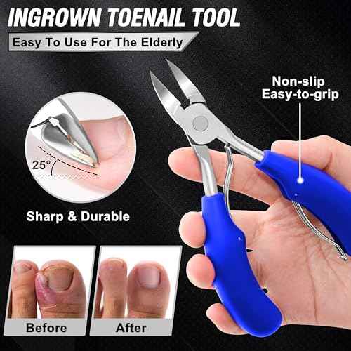 Toenail Clippers for Seniors Thick Toenails, Aucurwen Heavy Duty Toe Nail Clippers Adult Thick Nails Long Handle, Large Toenail Clippers for Thick Nails 7Pcs(Blue)
