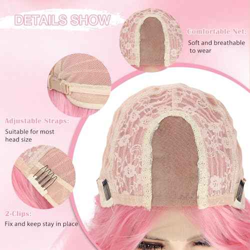 Long Pink Wavy Wig Middle Part for Women 26 Inch Light Pink Curly Wavy Wigs Natural Looking Synthetic Heat Resistant Fiber Wig for Daily Party Use