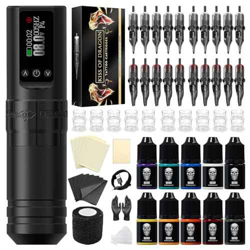Tattoo Gun Kit Complete Wireless Tattoo Machine Kit, Kiss of Dragon V1S Rotary Adjustable Stroke Tattoo Pen with 1600 mAh Cordless Battery Tattoo Cartridge Needles Set for Beginners
