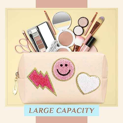 Sanwuta 20 Pcs Preppy Patch Makeup Bag Bulk PU Leather Cosmetic Bags Chenille Letters Organizer Smile Lightning Heart Toiletry Pouch Waterproof Zipper Purse End of the Year Teacher Gifts for Women