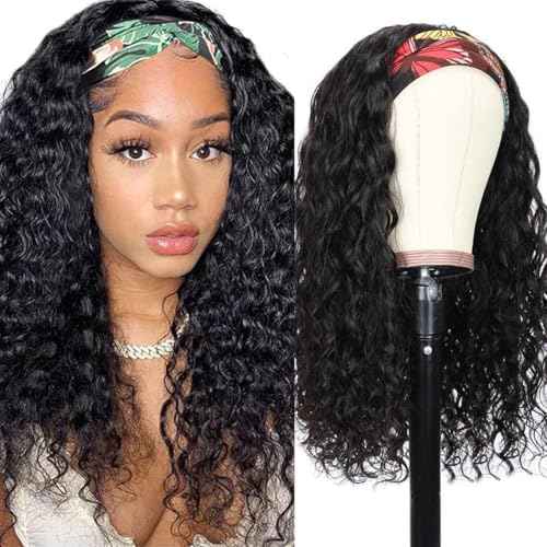 22 Inch Headband Wig Human Hair Water Wave Curly Human Hair Headband Wigs For Black Women Glueless None Lace Front Machine Made Wig 180% Density