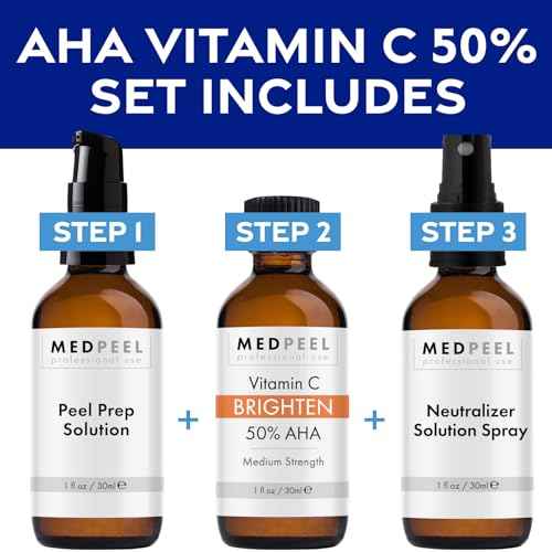Medpeel 50% AHA & Vitamin C Brightening Essential Peel Kit, Includes Peel, Prep, Neutralizer, Medium Strength Professional Grade Chemical Face Peel, Minimize Fine Lines Wrinkles, 1oz/30ml (Kit of 3)