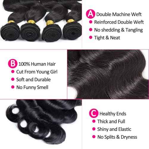 Human Hair Bundles Body Wave 20 22 24 26 Inch 100% Unprocessed Brazilian Body Wave 4 Bundles Human Hair Extensions for Women Quick Weave Natural Color