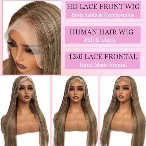Highlight Lace Front Wig Human Hair Thick 180% Density Straight 13x6 HD Transparent Lace Frontal Wigs Light Brown to Ash Blonde Highlights Wigs Virgin Hair Colored 22 Inch