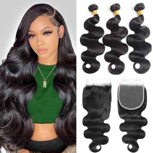 12A Body Wave Human Hair Bundles with Closure (18 20 22+16,Free Part) Closure with 3 Bundles Brazilian Virgin Hair Extensions with Pre Plucked with Baby Hair 5X5 HD Lace Closure Natural Black Color