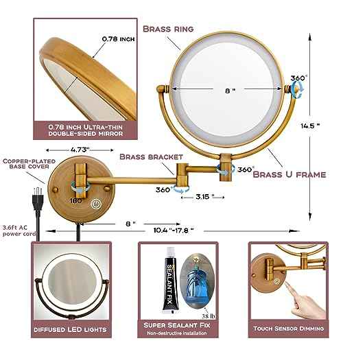 8" Brass Wall Mount Makeup Mirror with Lights, 1X/5X Double Sided Personal Mirrors for Bathroom with 360 Swivel Extendable, Antique Brass Indoor Arts Ware, Plug Powered