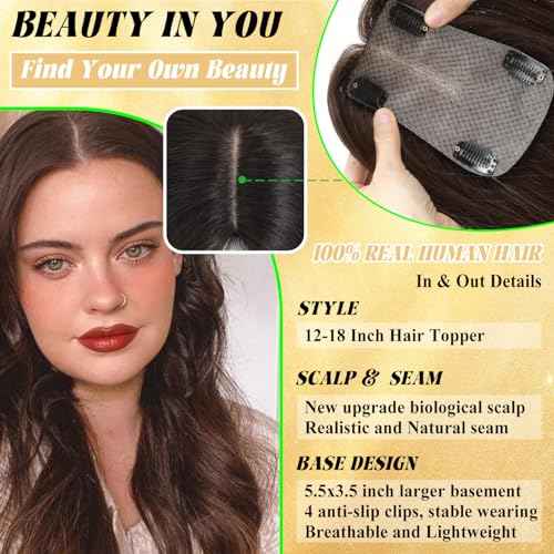 Rootoo Hair Toppers for Women Real Human Hair, 18 Inch Realistic Biological Scalp Topper Hair Pieces for Women with Thinning Crown with Middle Part Clip in Bangs Big Base 360¡Æ Cover (Black)