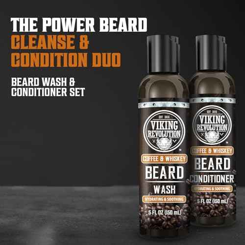 Viking Revolution Beard Wash and Beard Conditioner for Men with Argan Oil and Jojoba Oil- Beard Softener and Strengthener Beard Care Beard Shampoo and Conditioner with Ginseng Root(5oz,Coffee Whiskey)