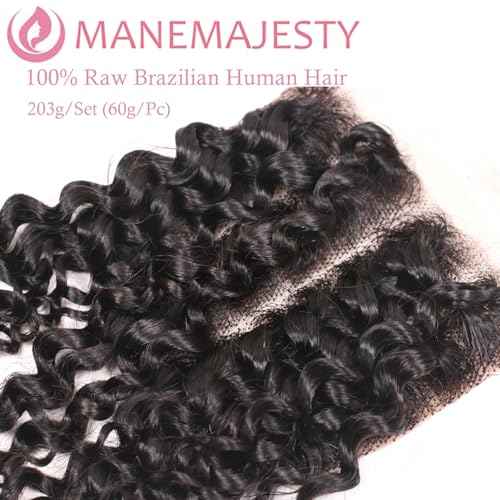 12A Brazilian Virgin Kinky Curly Human Hair Bundles 3 Pcs 14 Inch Bundle with 4x4 Lace Closure 100% Unprocessed Brazilian Vrigin Human Hair Curly Extensions for Black Women Natural Color