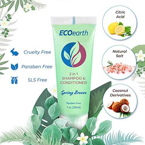 EcoEarth Travel Size Shampoo Conditioner 2-in-1 (1 fl oz, 200 PK, Spring Breeze) Delight Your Guests w/Revitalizing & Refreshing Conditioning Shampoo Amenities, Small Size Hotel Toiletries in Bulk
