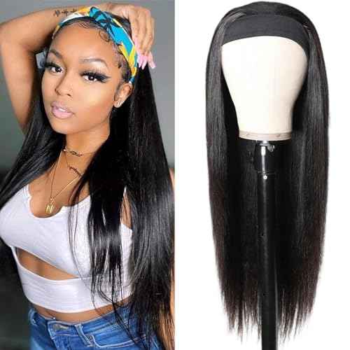 Headband Wig Straight Human Hair Wigs 26 Inch None Lace Front Wigs Glueless Wig 150% Density Brazilian Virgin Human Hair Headband Wigs for Black Women Glueless Human Hair Natural Color