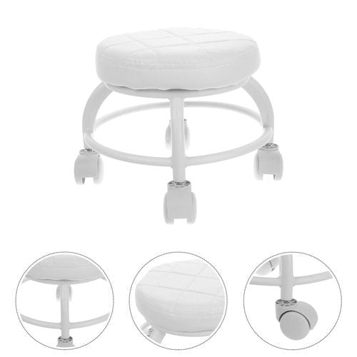 Healeved White Rolling Beauty Stool Pu Cushioned Low Round Stool with Wheels for Manicure Pedicure Salon Spa Massage Chair