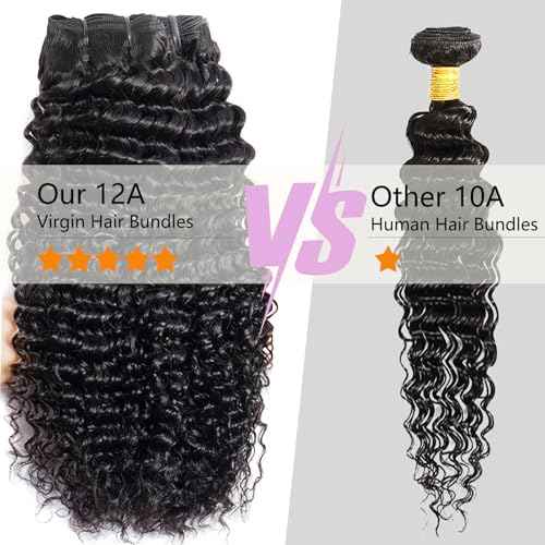 Deep Wave Bundles Human Hair 20 22 24 Inch Deep Curly Bundles 12A Grade 100% Unprocessed Brazilian Virgin Hair Wet and Wavy Bundles Double Weft Deep Weave Natural Black Color