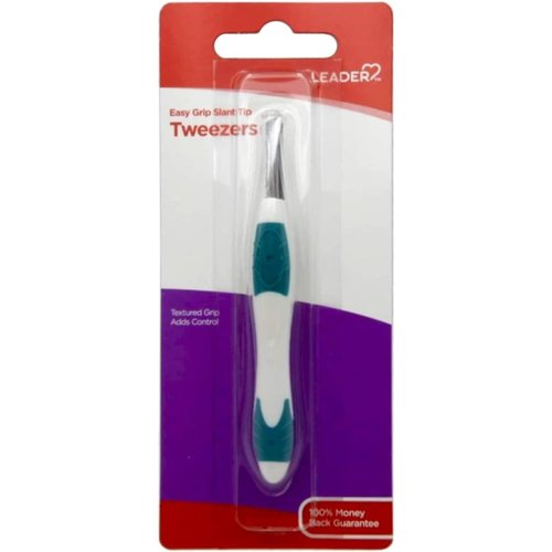 LEADER Tweezers Slant Tip Precision, Easy Grip, Non-Slip Rubber, Stainless Steel, Great Precision for Eyebrows, Facial Hair, Splinter and Ingrown Hair Removal