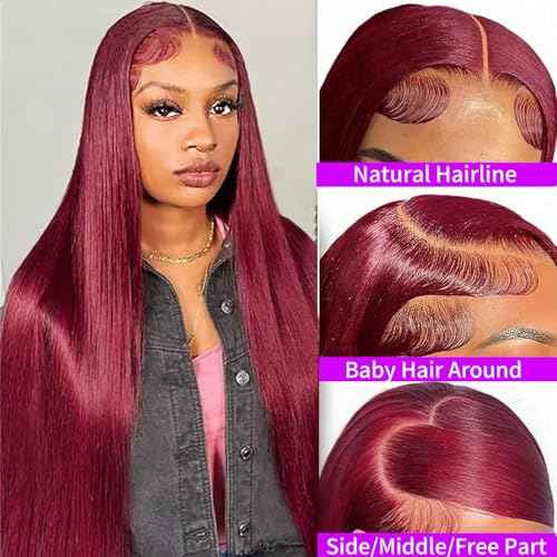 30 Inch 99j Burgundy Lace Front Wigs Human Hair 13x6 HD Glueless Straight Lace Frontal Wigs 99J 200% Density Brazilian Virgin Human Hair Wigs for Women Pre Plucked with Baby Hair