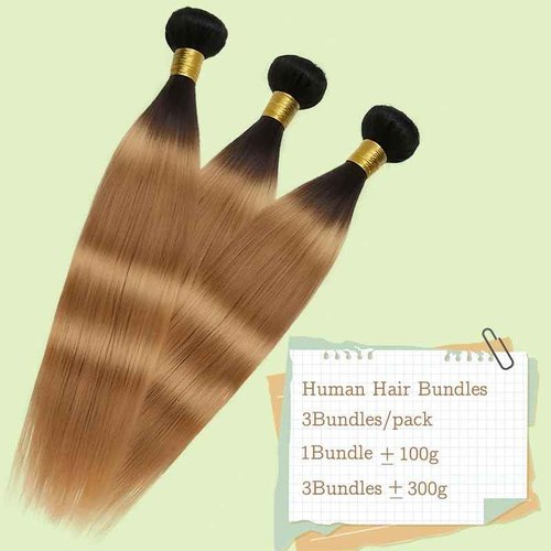 Honey Blonde Straight Bundles Human Hair T1B/27 Ombre Bundles Double Weft Brazilian Human Hair Sew-In Weave Extensions 18 20 22 Inch（Black Ombre Honey Blonde）