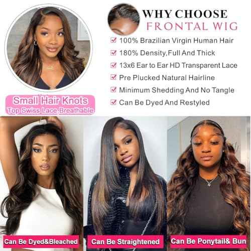 Ombre Highlight Lace Front Wigs Human Hair 13x6 Body Wave 1B/30 Lace Front Wig 180% Density HD Transparent Lace Frontal Wigs Human Hair Balayage Wig for Black Women 22 inch
