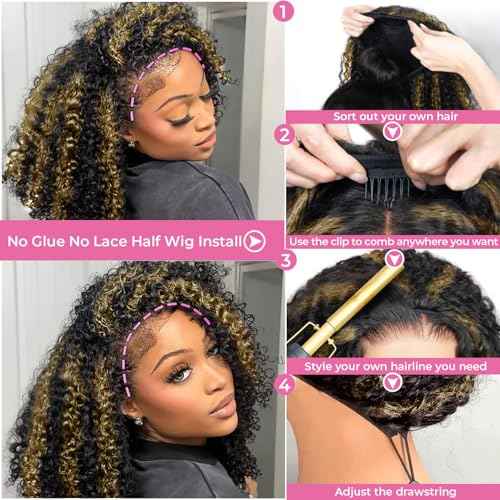 250% Density Kinky Curly Half Wig Human Hair Update 3 In 1 Seamless Flip Over Wigs Human Hair Wear and Go Glueless Wig Beginner Friendly Drawstring Wig for Black Women 16 Inch