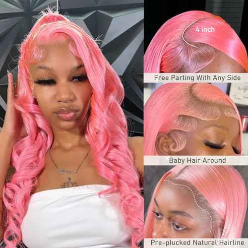 School Day Candy Pink Human Hair Wig Colored Body Wave Lace Front Wig Virgin Hair 13x4 UHD Transparent Swiss Soft Lace Preplucked Brazilian Hair 18"