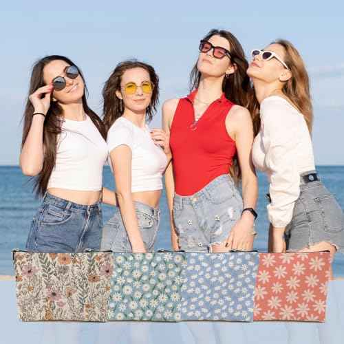 4pcs Secret Santa Gifts Vintage Floral Makeup Bag, Daisy Flower Cosmetic Bag Garden Gifts for Women Female Girls Sister BFF Nature Lover, Travel Zipper Pouch Christmas Thanksgiving Birthday Gifts
