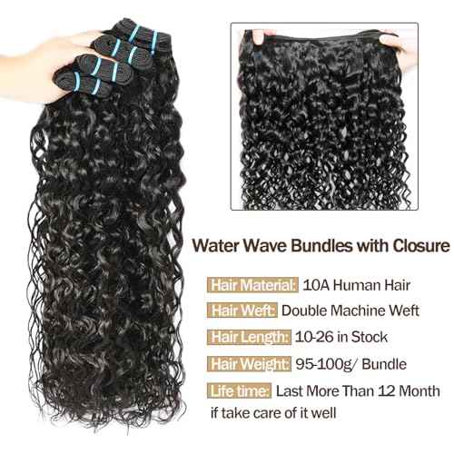 Wet and Wavy Bundles Human Hair with Closure 20 22 24+20inch Water Wave 3 Bundles and Lace Closure 10A Brazilian Curly Sew in Quick Weave Human Hair Extensions Free Part Natural Color