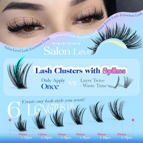 CORUSCATE Spiky Lash Clusters Kit 120D Volume Cluster Eyelash Extensions Mink Strip Lashes Spikes Mega Style Lash Extension Kit 14-22mm Eyelash Clusters Long Individual Lashes with Lash Cluster Glue
