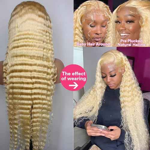 613 Deep Wave Wig Human Hair 13x6 Blonde Lace Front Wigs Human Hair 180% Density 613 HD Lace Frontal Wig for Women Blonde Glueless Wigs Human Hair Pre Plucked with Baby Hair 20 inch
