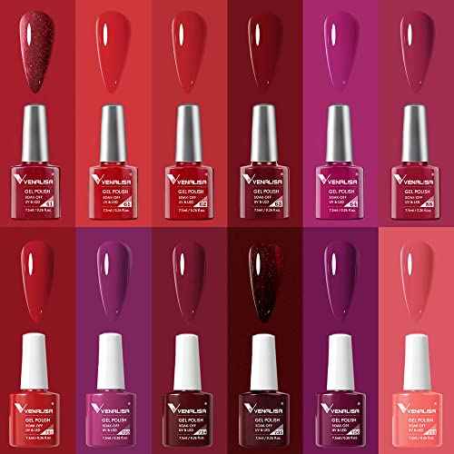 VENALISA Red Gel Nail Polish Set, 12Pcs Dark Red Purple Pink Gel Polish Kit Color High Gloss Soak Off Nail Manicure Salon DIY