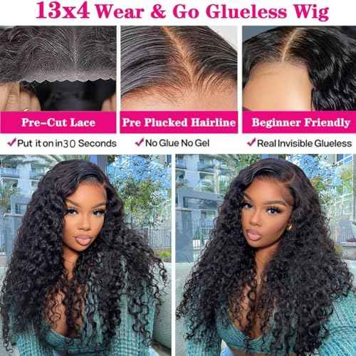 Glueless Wigs Human Hair Pre Plucked Pre Cut Wear and Go Glueless Wig 13x4 HD Deep Wave Lace Front Wigs Human Hair for Black Women Frontal Wigs with Natural Hairline 180% Density 26 Inch