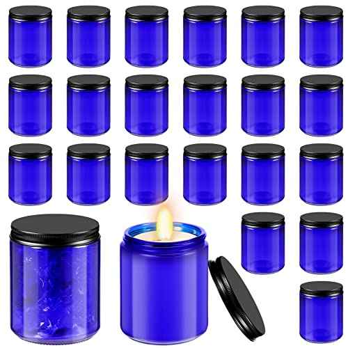 Lallisa 32 Pcs 8 oz Cobalt Blue Glass Jars with Black Metal Lids Round Small Cosmetic Jars Round Glass Containers for Apothecary Body Butter Herbs Spice and Food Storage