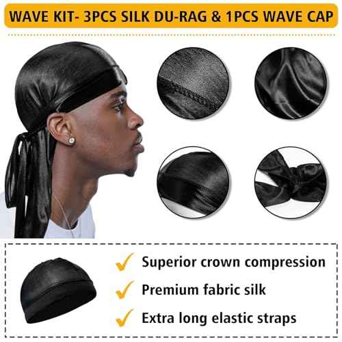 Wave Pomade for Men - Strong Hold, Easy Wash, Promotes Layered Waves, Moisture, Silky Shine, Hair Cream, Grease, Brush, Durag, Cap Set (Red)