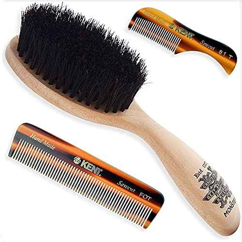 Beard & Mustache Grooming Kit - Kent BRD5 Boar Bristle Brush + Kent 81T & A FOT Sawcut Fine Tooth Combs for Men's Care