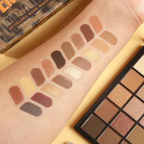 Nude Neutral Eyeshadow Palette, 25 Color Matte Shimmer Brown Gold Eye Shadow Palette, Pigment Naked Smokey Natural Eyeshadow Palette for Brown Eyes, Long Lasting Blendable Hypoallergenic Makeup Pallet