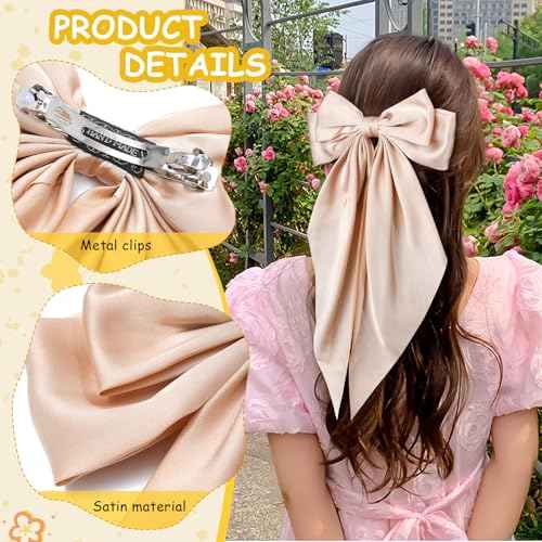4 Pcs Hair Bows for Women Big Ribbon Bows for Hair Long Tail Bow Hair Clips Cute Hair Barrettes Hair Accessories for Girls (Black + Beige + Khaki + Curry)