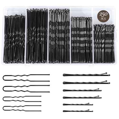 250PCS Hair Pins Bobby Pin Set, Assorted Sizes Wave Bobby Pins 2inch 2.36inch 2.75inch for All Hair Types + 2 Sizes U Shaped Hair Pins for Buns 2.36inch 2.75inch, Black for Girls Women
