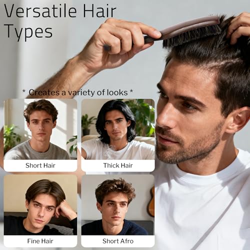 Boar Bristle Hair Brush for Men, Mens Slick Back Hair Brush with Stiff Bristles & Wooden Walnut Handle for Thick & Fine Hair Smoothing, Detangling, Styling, Beard Straightens