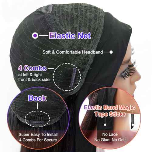 Headband Wig Human Hair Straight Headband Wigs for Black Women Glueless None Lace Front Wig Brazilian Virgin Human Hair 150% Density Natural Color 26 Inch