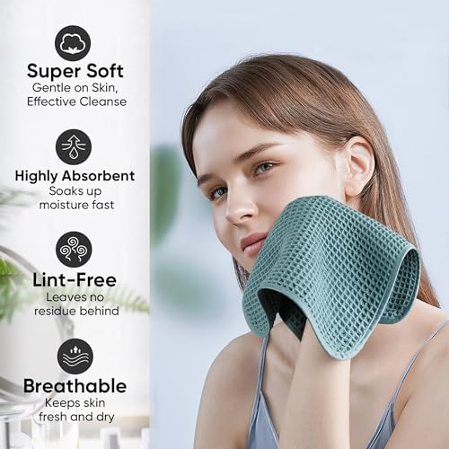 Microfiber Waffle Face Towels, 4 Pieces, Soft, Absorbent, Fast Drying, Lint Free (Green)