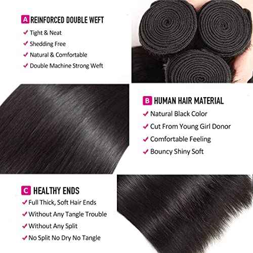 Straight Bundles with Closure Human Hair 16 18 20+14 Brazilian Human Hair Bundles with Closure Straight 100% Unprocessed Virgin Weave Hair Bundles with Lace Closure