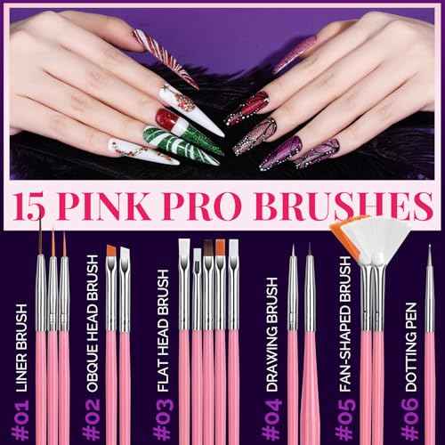 FANDAMEI Nail Art Brushes, Nail Art Kit with 15 Pcs Nail Art Brush, 5 Pcs Dotting Tools, 6 Box Nail Charms and Gems, 10 Sheet Flower Nail Stickers, Complete Nail Decoration Art with Nail Art Brushes