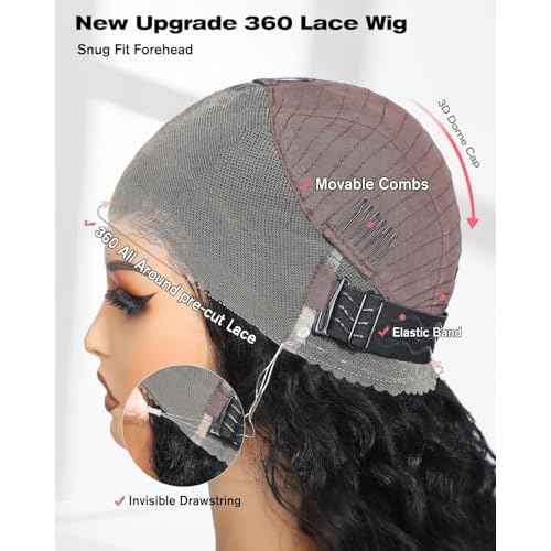 16 Inch Hidden Strap 360 Glueless Lace Front Wigs 100% Human Hair 200% Density Pre Plucked HD Lace Loose Body Wave 360 Full Lace Human Hair Wigs With Invisible Drawstring for Black Women