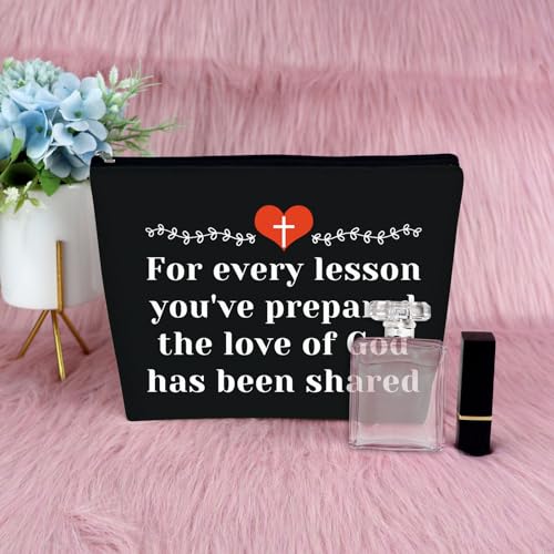 Sunday School Teacher Gift Makeup Bag Religious Gift for Women Teacher Appreciation Gift Cosmetic Bag Christian Gift for Her Funny Birthday Gift Thanksgiving Graduation Gift Travel Pouch（Black）