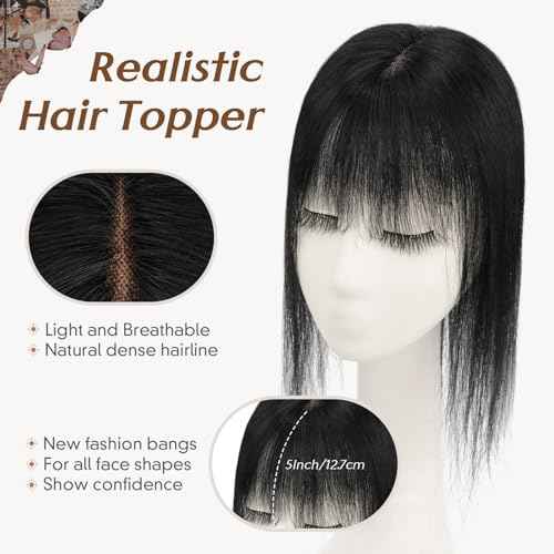 Rich Choices Hair Toppers for Women Real Human Hair 360¡Æ3D Clip in Bangs 100% Remy Human Toppers with Bang for Thinning 150% Density Upgrade Extended 2"*6"Lace Base 12 Inch #01 Jet Black