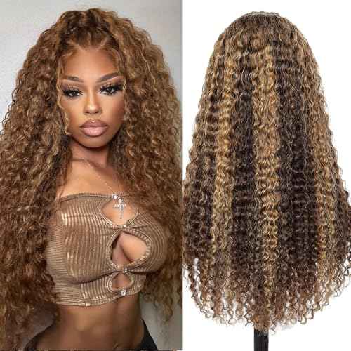 AKUZO Highlight Ombre Deep Wave Lace Front Wigs Human Hair 13x6 lace front wigs human hair Pre Plucked with Baby Hair 4/27 Honey Blonde wig for Black Women 200 Density 24inch