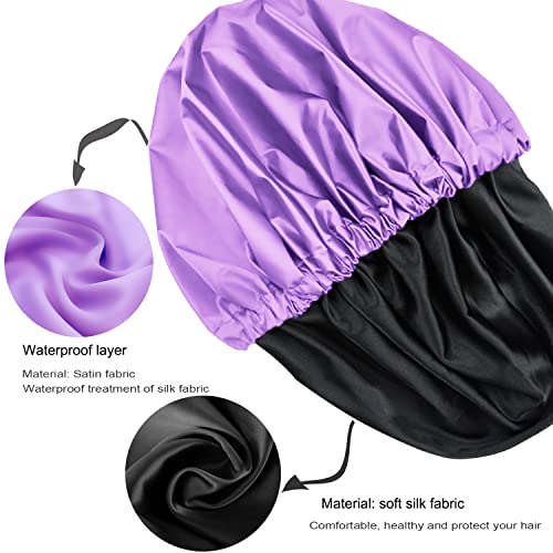 Shower cap for women,Luxury Silk Lined Shower Cap, Machine Washable, Adjustable Size & Reusable,Large Satin Shower Cap for all hair-purple