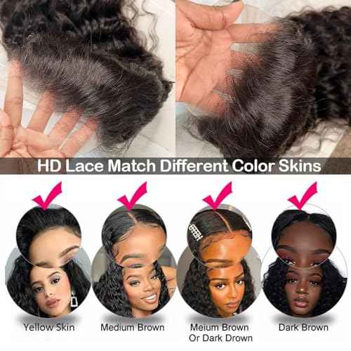 Deep Wave Lace Front Wigs - 13x6 HD Transparent Lace Frontal Wig for Black Women - 100% Real Curly Human Hair - Pre Plucked with Baby Hair - 180% Density (Black, 24 inch)