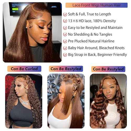 28 Inch Brown Straight Wig Human Hair 13x6 Hd Lace Front Human Hair Wigs For Black Women Glueless Lace Front Wigs Pre Plucked 180% Density Brown Wig