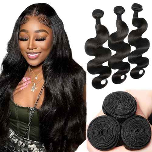 Human Hair Bundles Body Wave 12A Unprocessed Brazilian Virgin Weave 3 Bundles 18 20 22 Inch Real Human Hair Quick Weave Sew in Hair Double Weft Full and Thick Natural Black Wavy Hair for Women