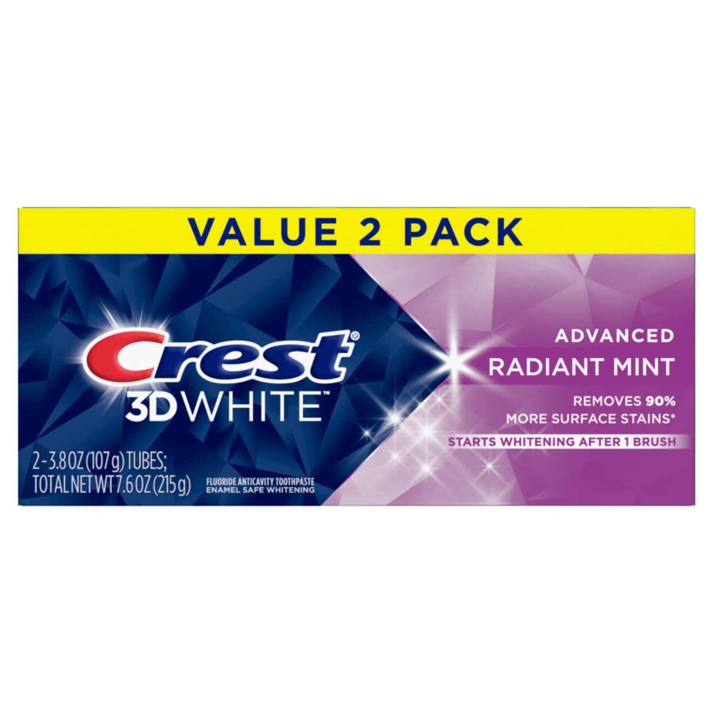 Crest 3D White Radiant Mint, Teeth Whitening Toothpaste, 3.8 oz, Pack of 2