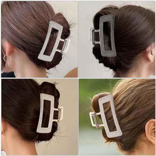 3.5 Inch Square Metal Large Claw Clips, 4 Pack Rhinestones Hair Clamps for Women and Thinner,Thick hair styling,Strong Hold jaw clips